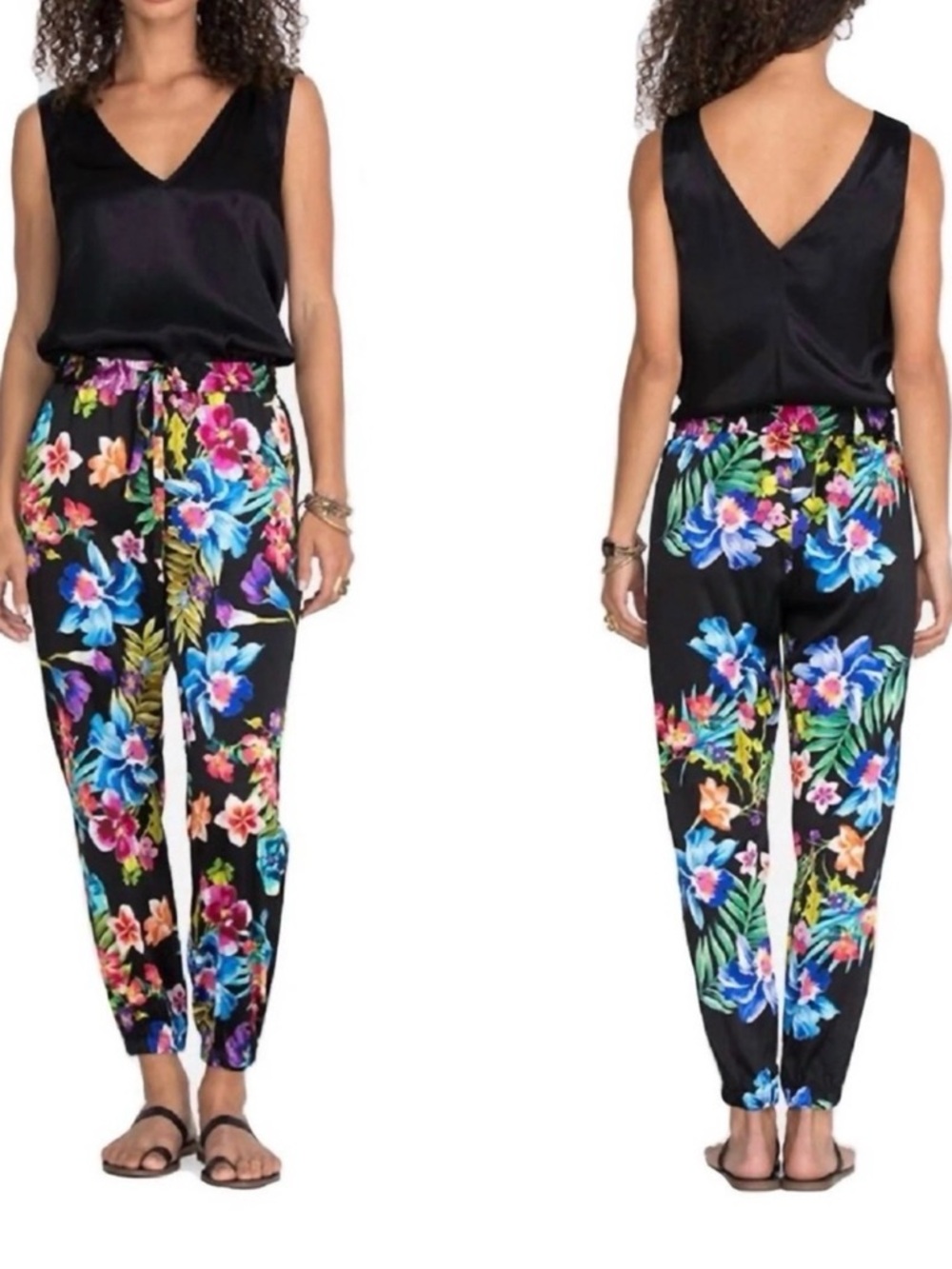 Johnny Was Silk Aruba Jogger Pants Black Floral Tropical - NWOT